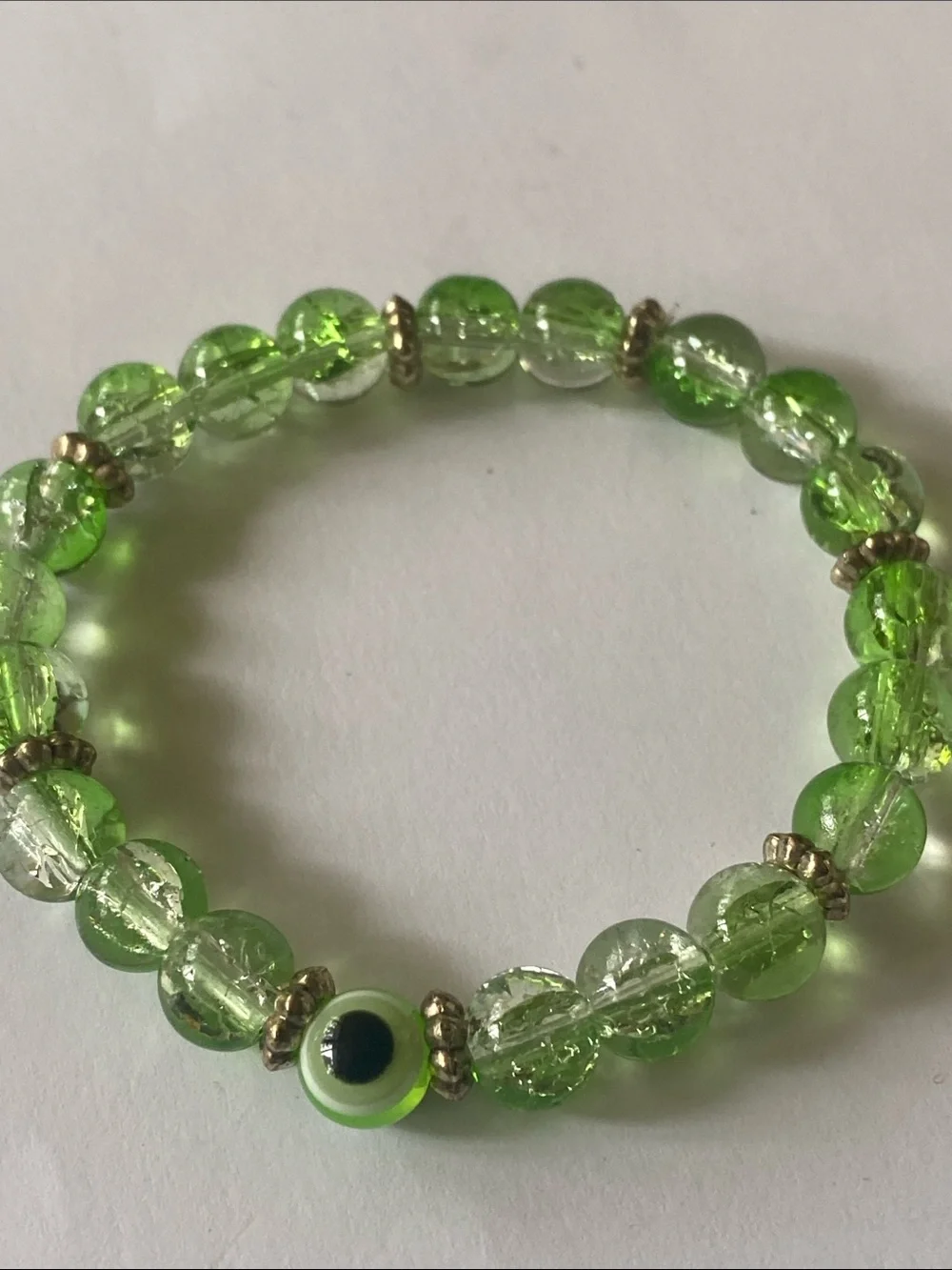 Green glass Beaded Stretch Bracelet with Eye 👁️ Accent